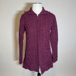 Inis Crafts Ireland Merino Wool Cable Knit Berry Cardigan Sweater Womens Small S